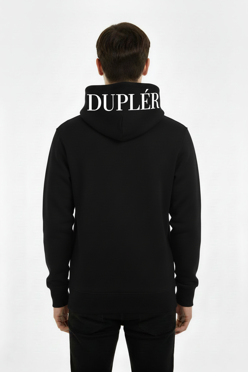 Svart hoodie bakifrån med vit DUPLÉR text