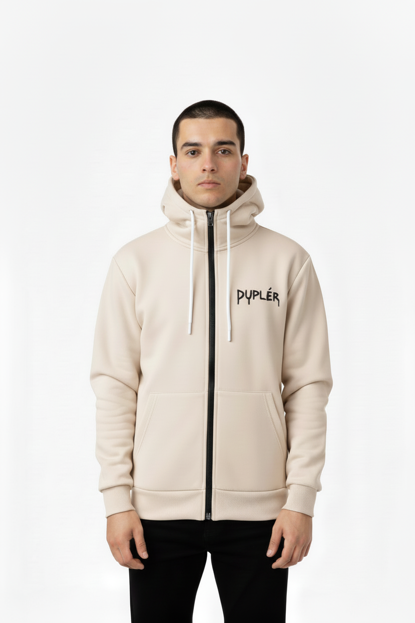 Duplér Beige Zip Hoodie – huva täcker halsen