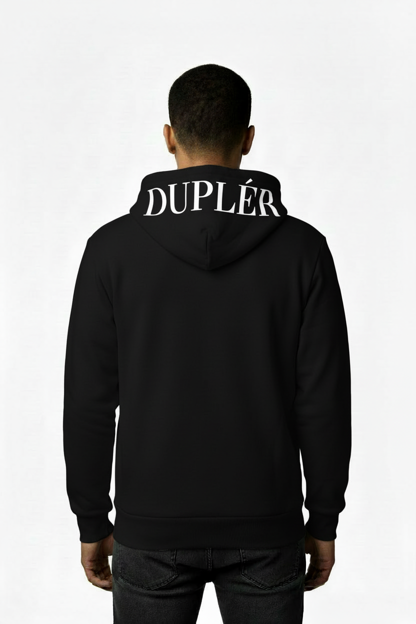 Svart hoodie bakifrån med vit DUPLÉR text