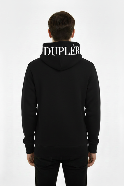 Svart hoodie bakifrån med vit DUPLÉR text
